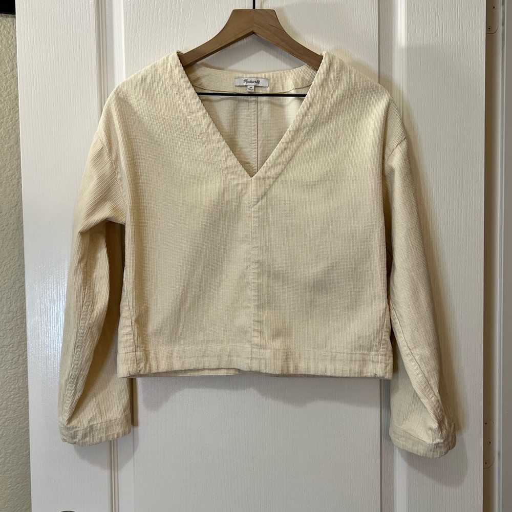 Madewell 100% Cotton Waffle-Knit Relaxed V-neck Cream Textured Top Women’s XS - Picture 2 of 8